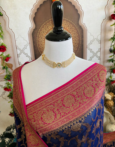 Handwoven Chiffon Saree | Royal Blue & Magenta | Gold Zari | Ships from California